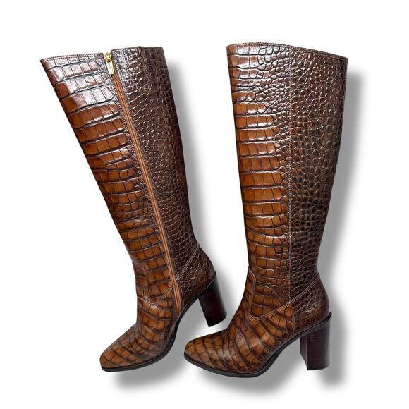 Vince Camuto NIB Pearlanie Rich Cocoa Glaze Croc Leather Knee High Heeled Boots - Picture 2 of 14
